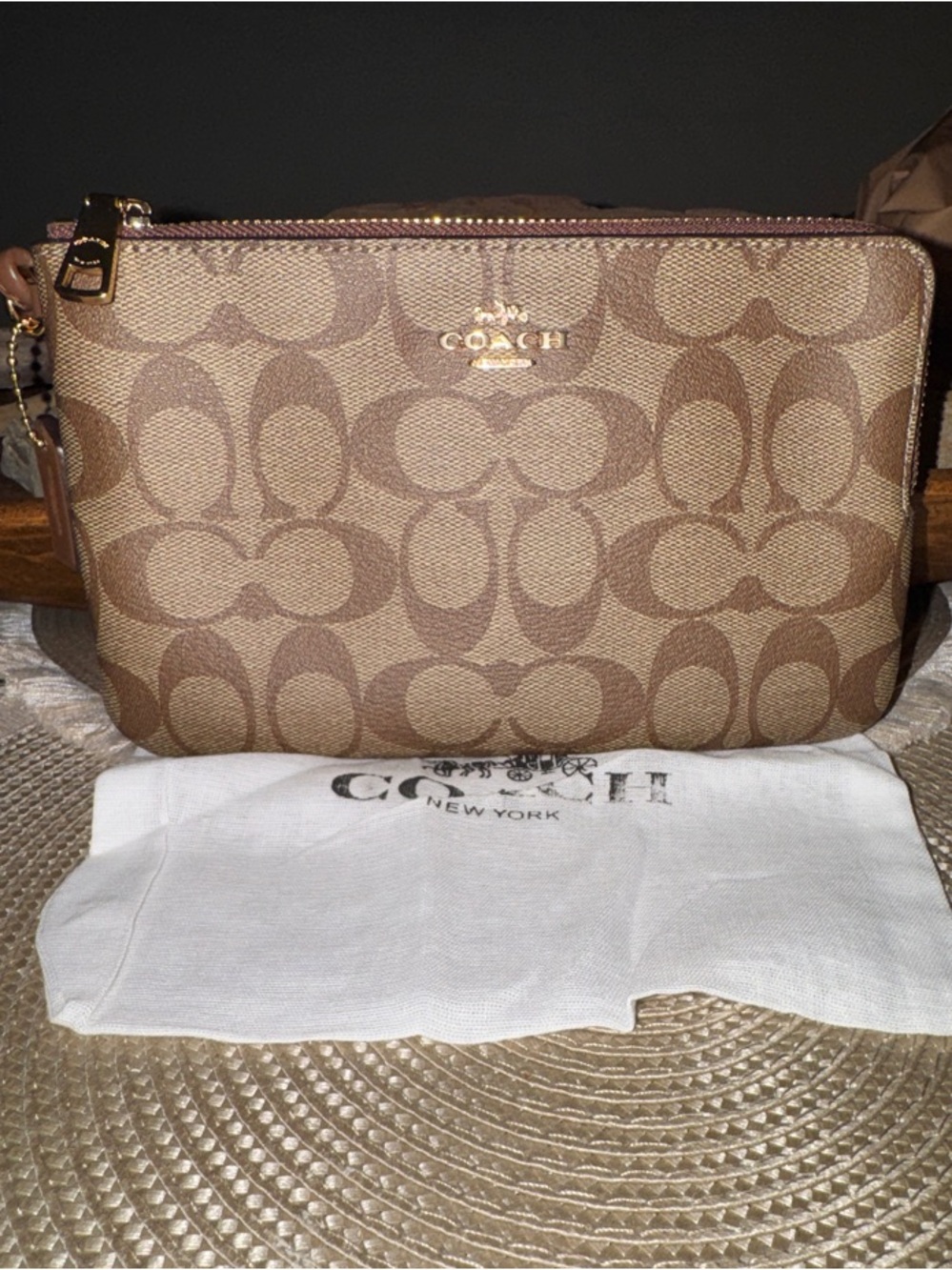 Coach Monogram Double Zip Canvas Wristlet - Brown NWT